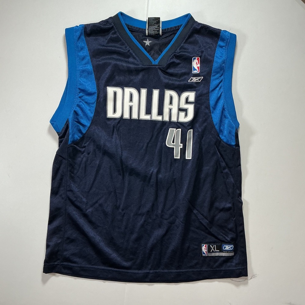 Y2K VTG Reebok Dallas Mavericks Dirk Nowitzki Jersey Kids XL NBA Navy Blue Mesh